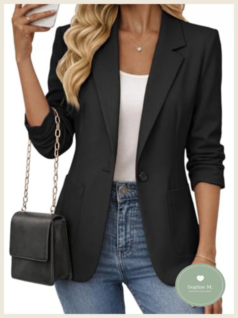 Lightweight Fitted Blazer with 3/4 Sleeves, Notch Collar, Business Casual
